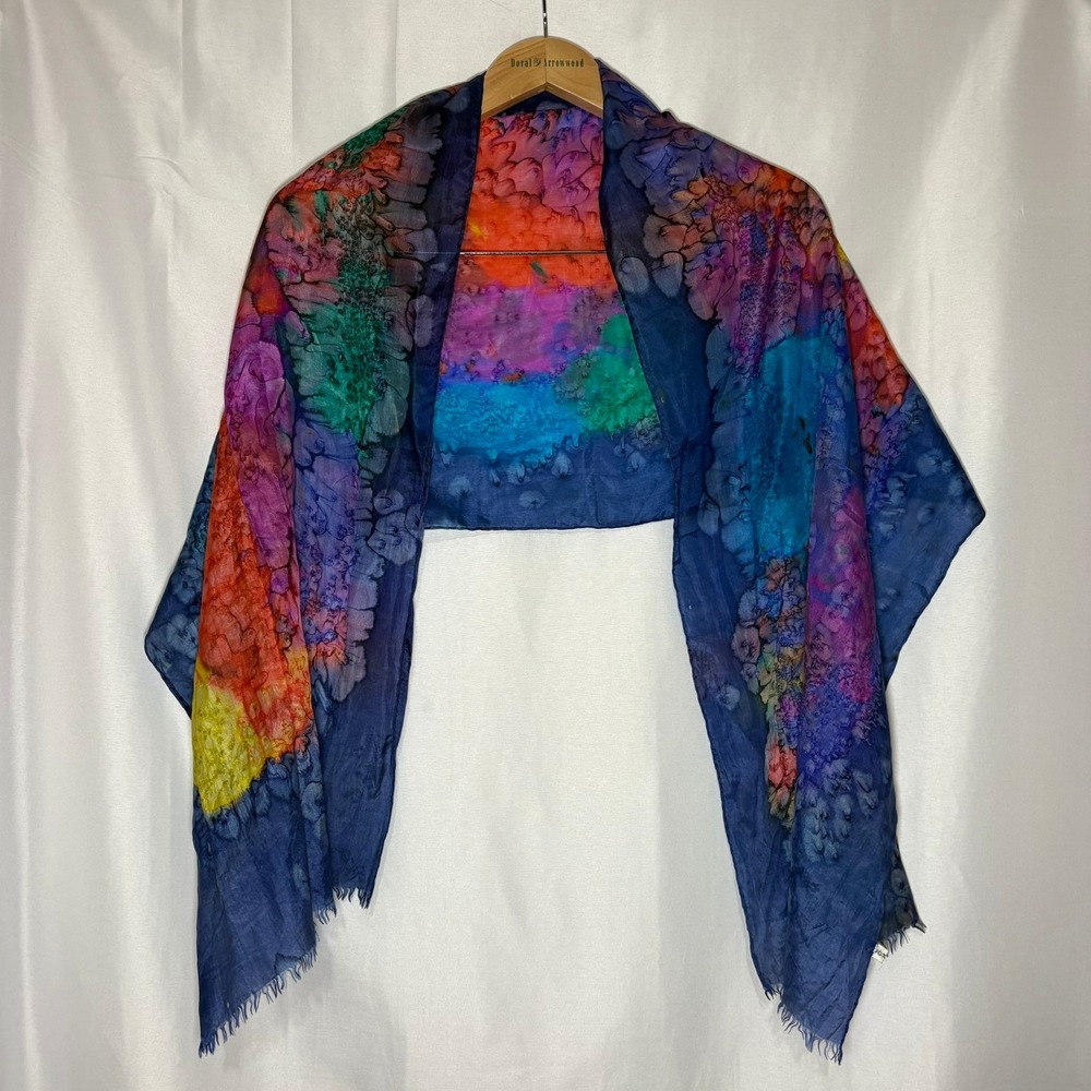 Gaya Musee Paris 100% Silk Scarf Shawl Wrap Blue Multicolor Watercolor Paint